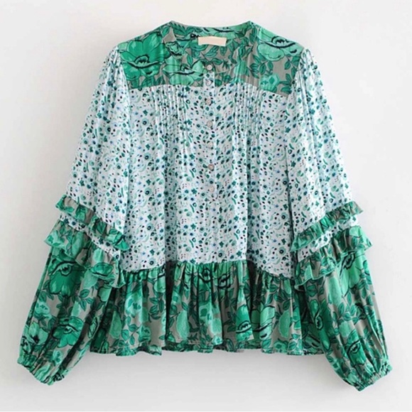Peasant Gypsy Ballon Long Sleeve Tiered Floral Print Top Women’s Size Small NWOT - Picture 5 of 9